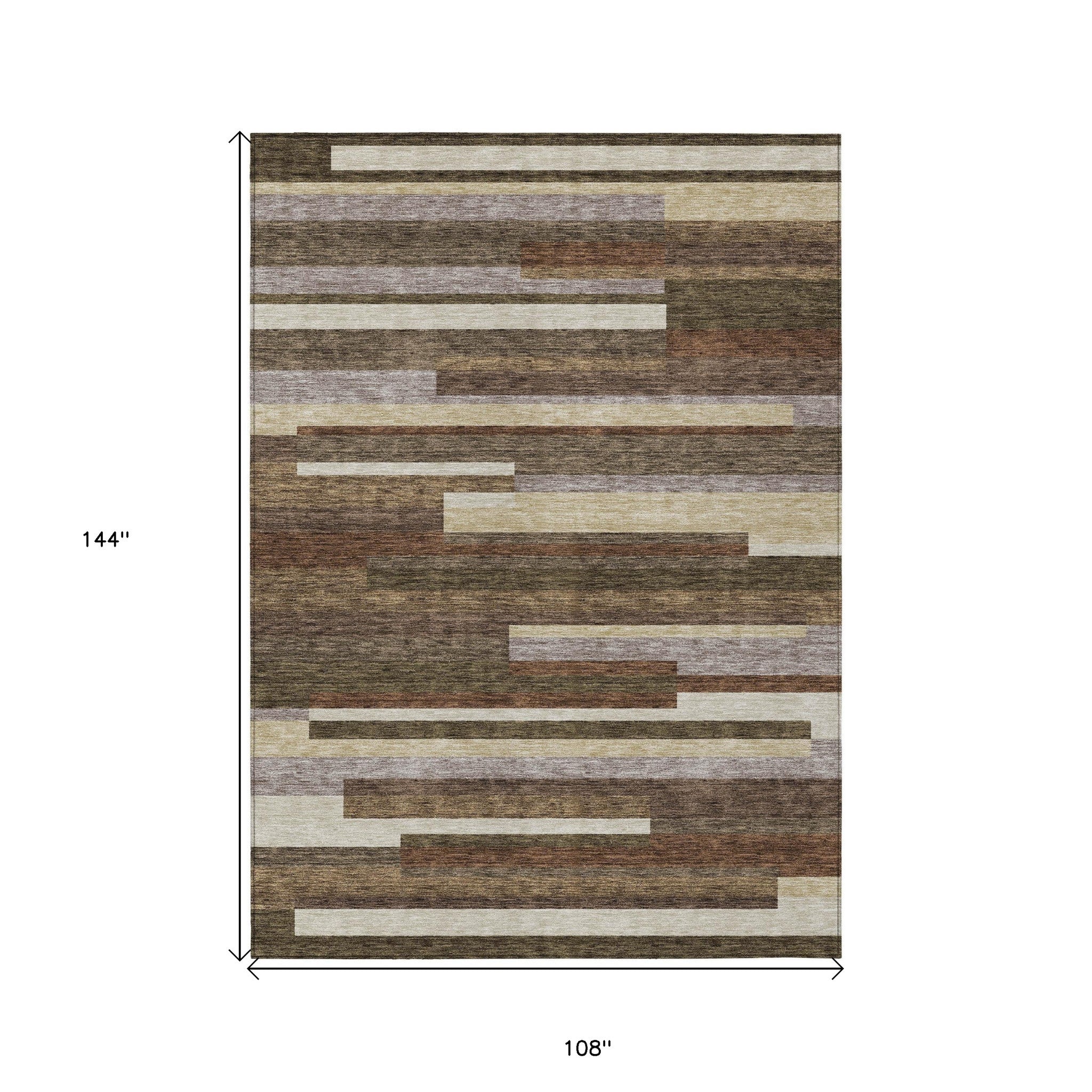 9' X 12' Brown Beige And Copper Striped Washable Indoor Outdoor Area Rug-2