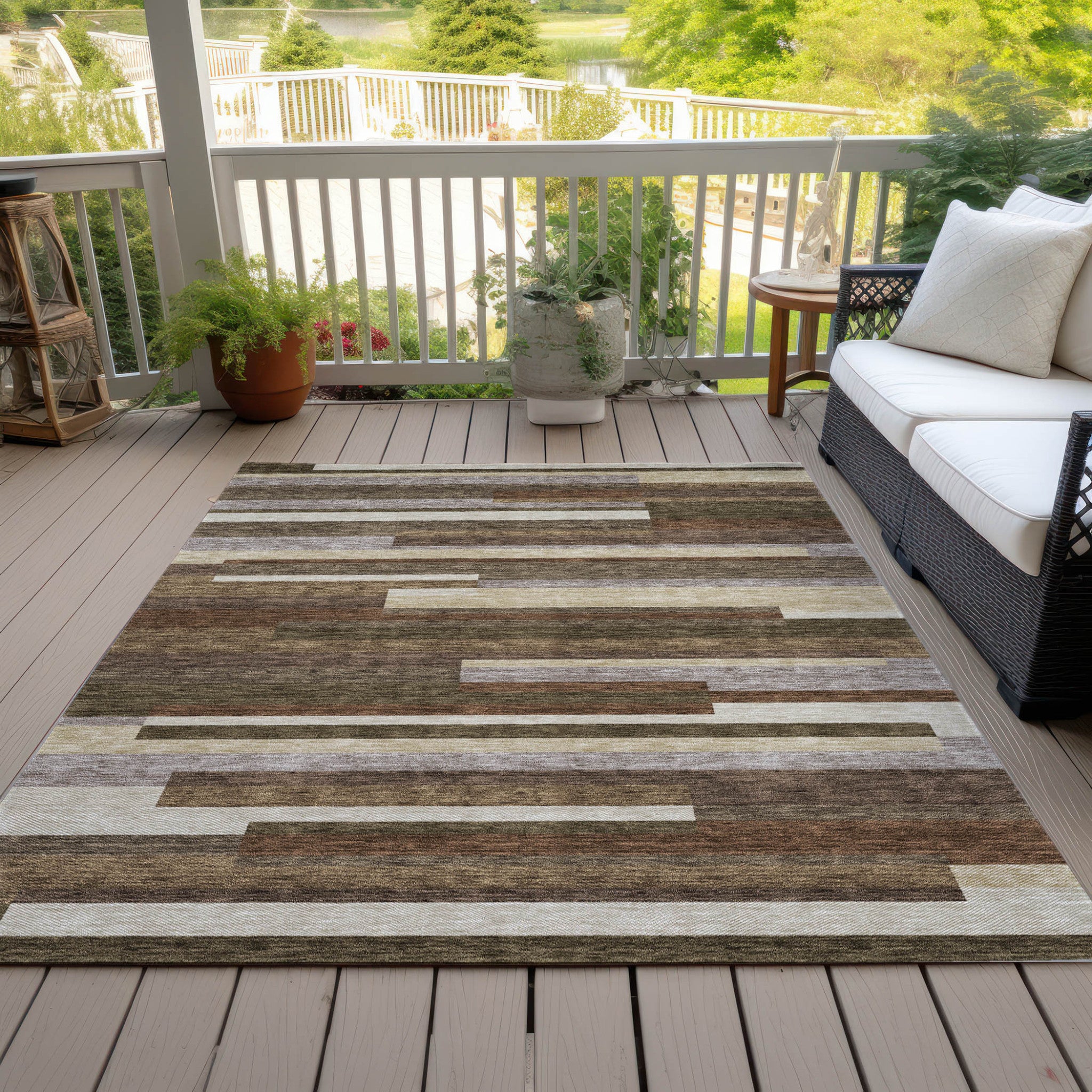 9' X 12' Brown Beige And Copper Striped Washable Indoor Outdoor Area Rug-6